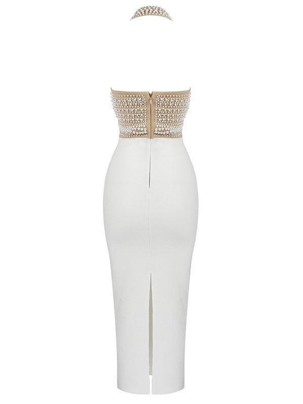 Rosstef Isabella Halterneck Pearls Bandage Dress In Beige - Büyüleyici bandajlı etek!