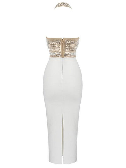Rosstef Isabella Halterneck Pearls Bandage Dress In Beige - Büyüleyici bandajlı etek!