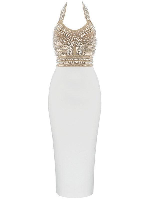 Rosstef Isabella Halterneck Pearls Bandage Dress In Beige - Büyüleyici bandajlı etek!