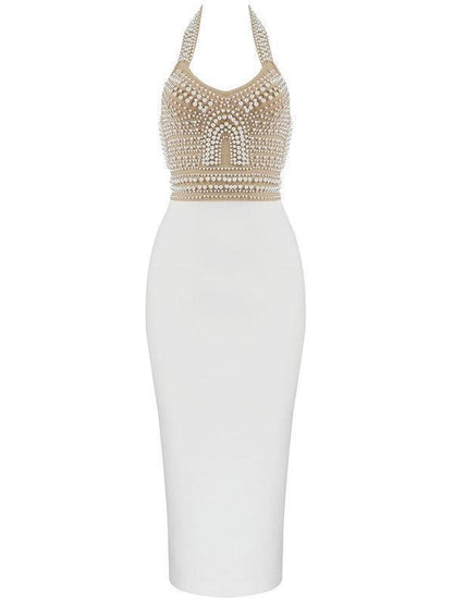 Rosstef Isabella Halterneck Pearls Bandage Dress In Beige - Büyüleyici bandajlı etek!