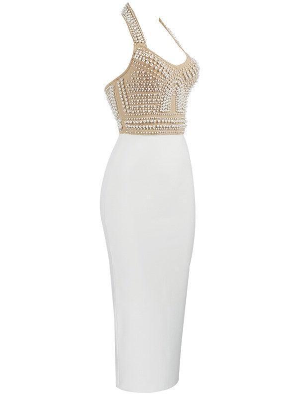Rosstef Isabella Halterneck Pearls Bandage Dress In Beige - Büyüleyici bandajlı etek!