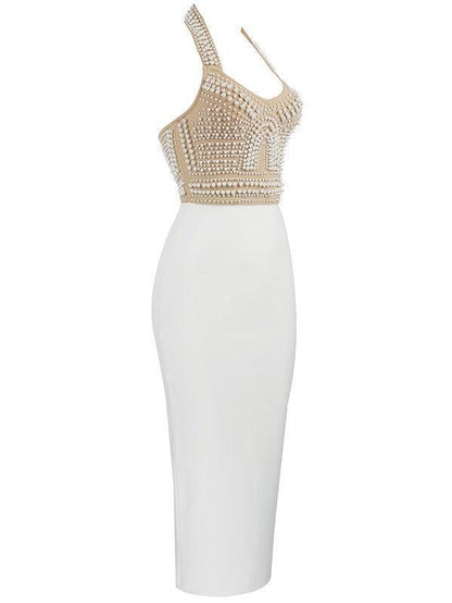 Rosstef Isabella Halterneck Pearls Bandage Dress In Beige - Büyüleyici bandajlı etek!