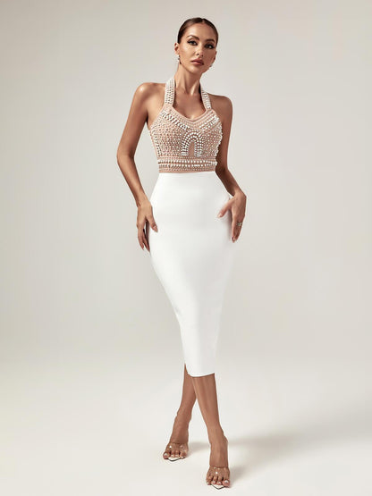 Rosstef Isabella Halterneck Pearls Bandage Dress In Beige - Büyüleyici bandajlı etek!