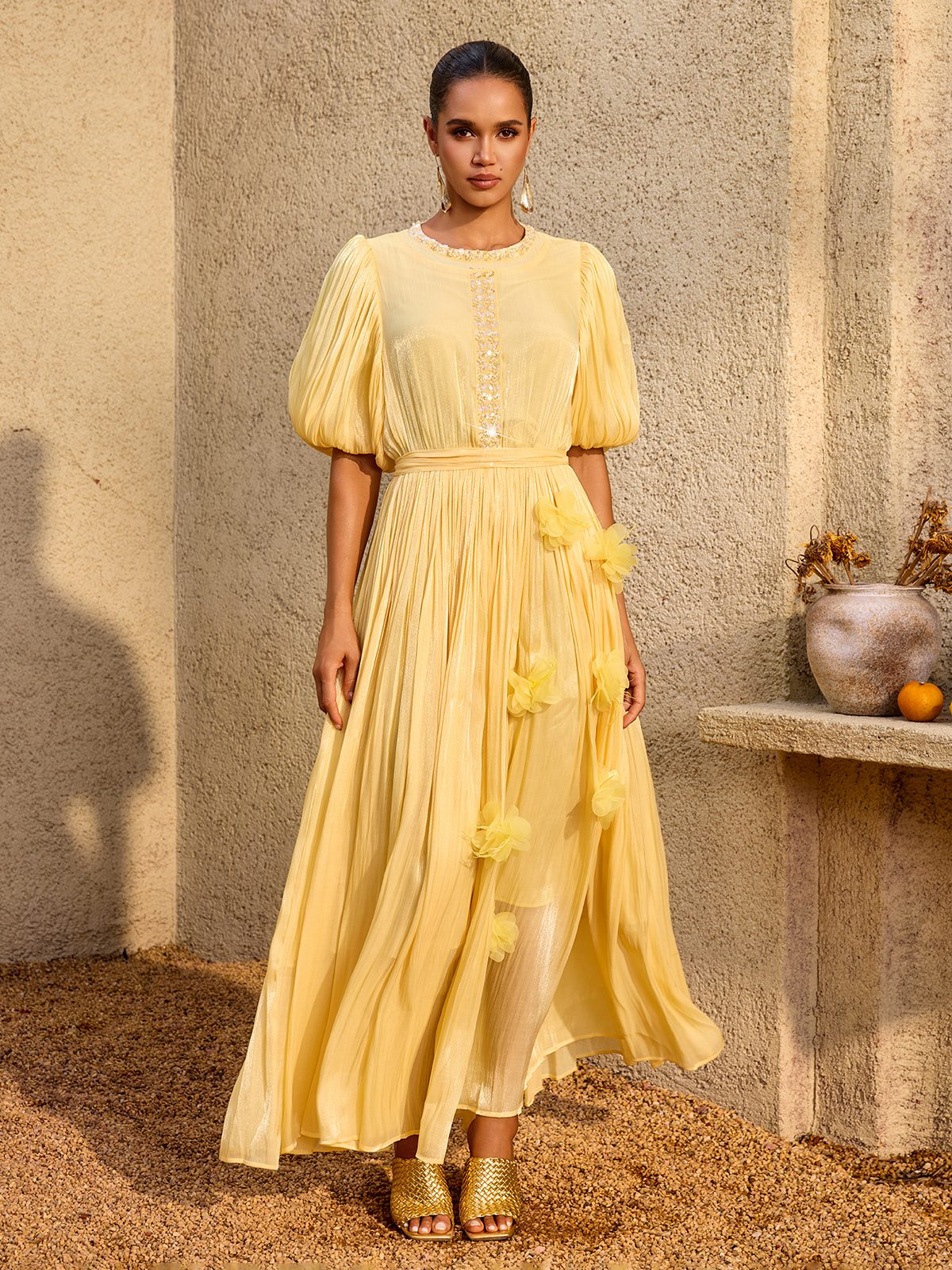 Istralion Puff Sleeve Flower Sequin Maxi Dress