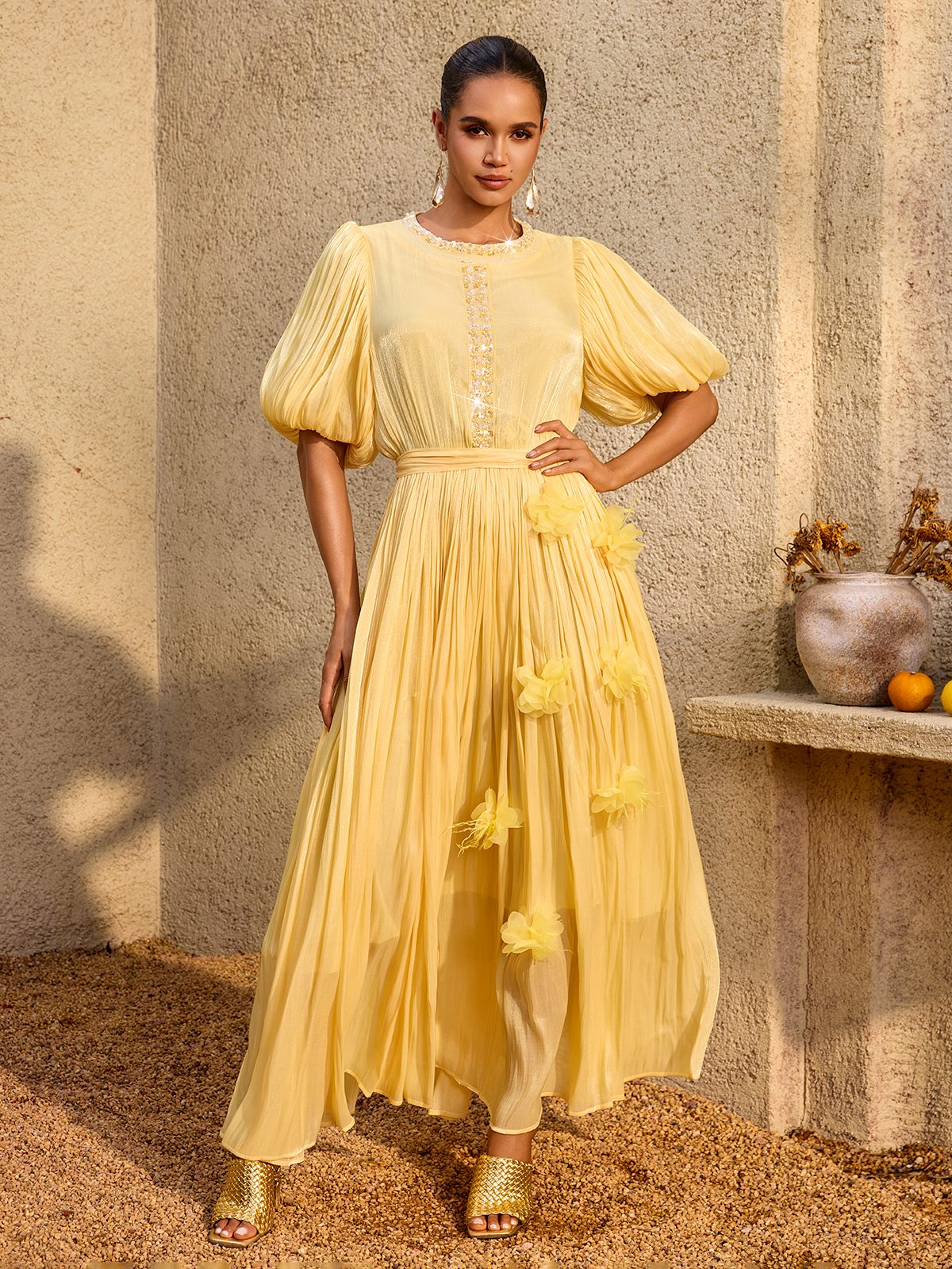 Istralion Puff Sleeve Flower Sequin Maxi Dress
