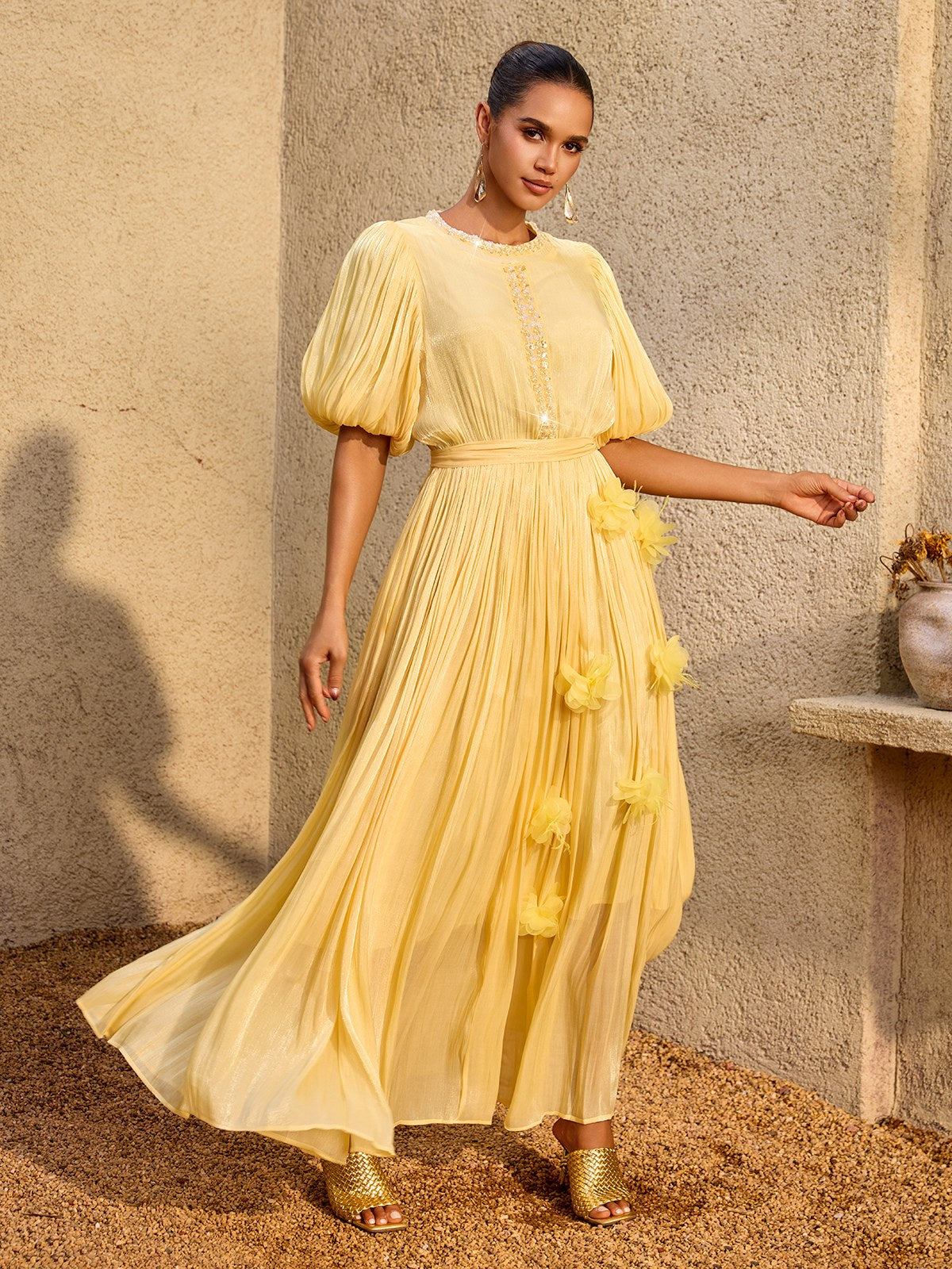 Istralion Puff Sleeve Flower Sequin Maxi Dress