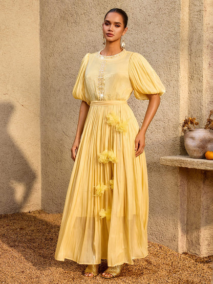 Istralion Puff Sleeve Flower Sequin Maxi Dress