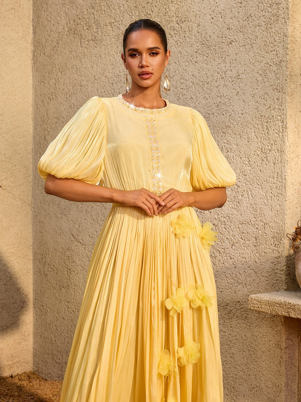 Istralion Puff Sleeve Flower Sequin Maxi Dress