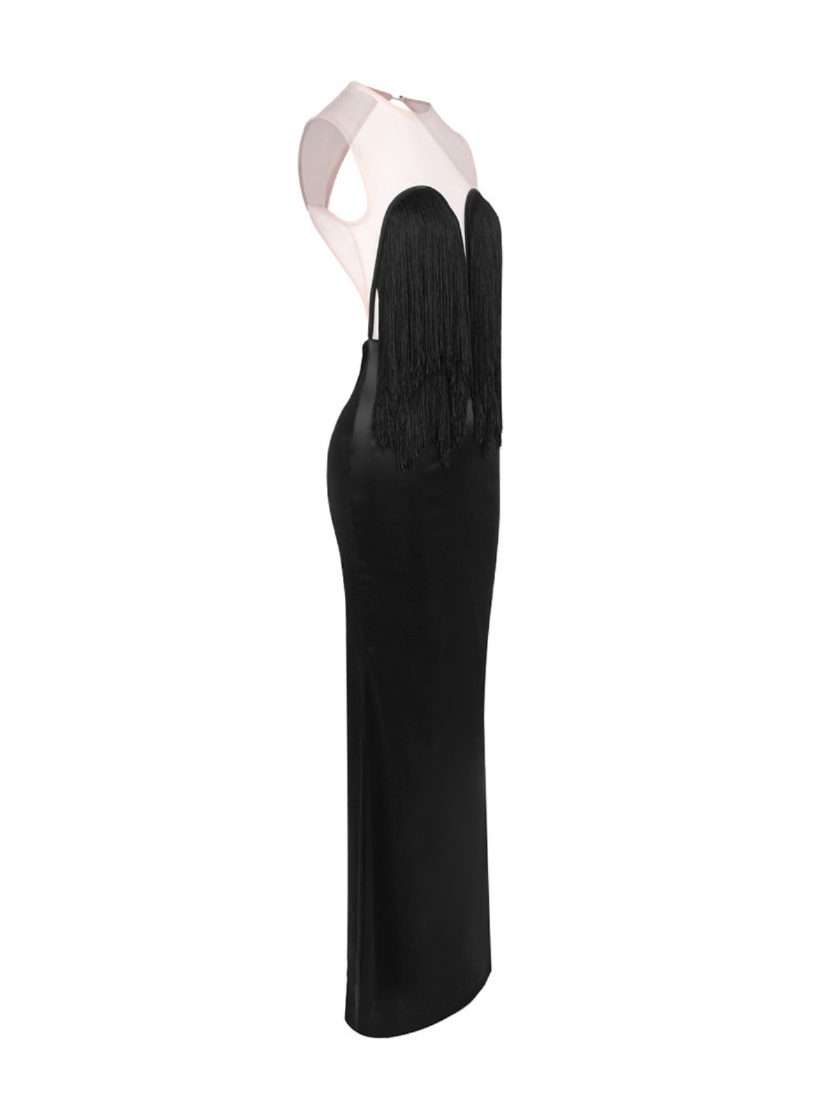 Ixaryn Backless Fringe Satin Maxi Dress