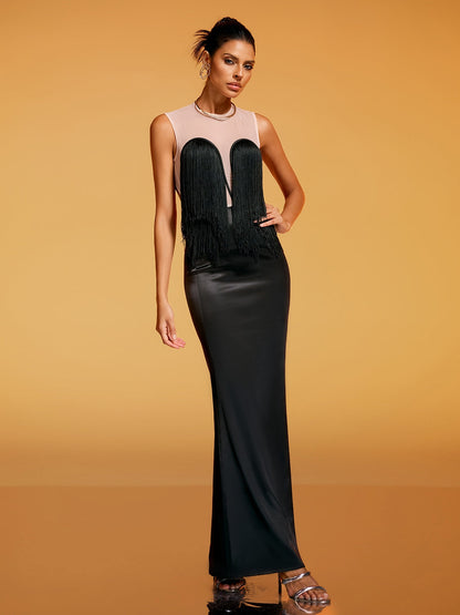 Ixaryn Backless Fringe Satin Maxi Dress
