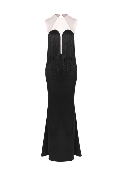 Ixaryn Backless Fringe Satin Maxi Dress