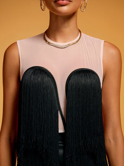 Ixaryn Backless Fringe Satin Maxi Dress