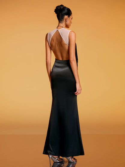 Ixaryn Backless Fringe Satin Maxi Dress
