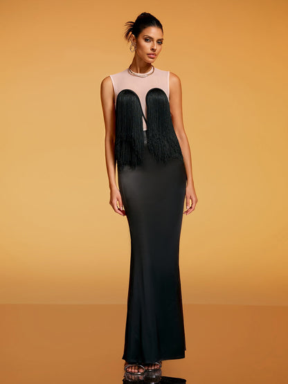 Ixaryn Backless Fringe Satin Maxi Dress