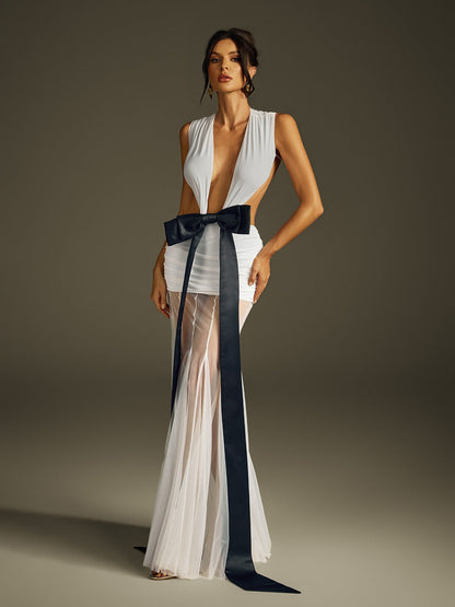 Rosstef Iyron Sleeveless Bow Mesh Maxi Dress
