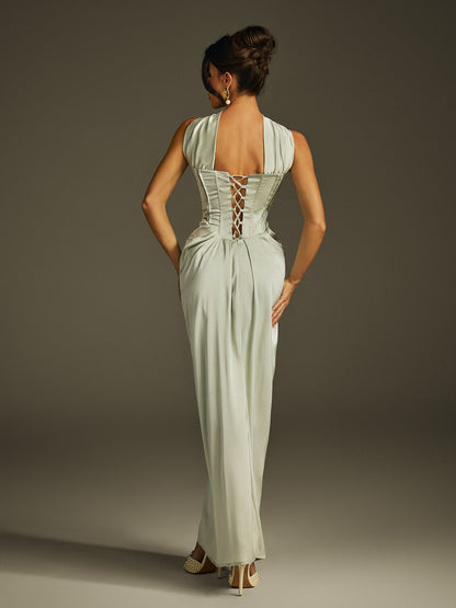 Izron Halterneck Ruched Lace Up Maxi Dress