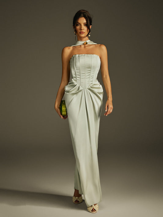 Rosstef Halterneck Maxi Dress - Ruched Lace Up