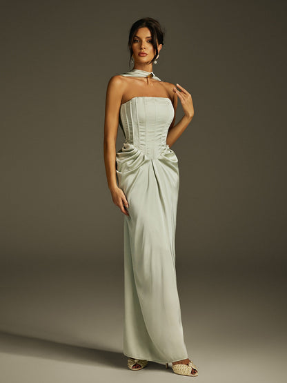 Izron Halterneck Ruched Lace Up Maxi Dress