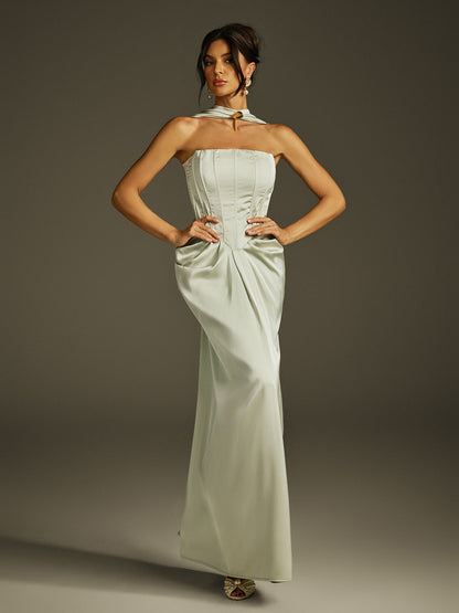 Izron Halterneck Ruched Lace Up Maxi Dress