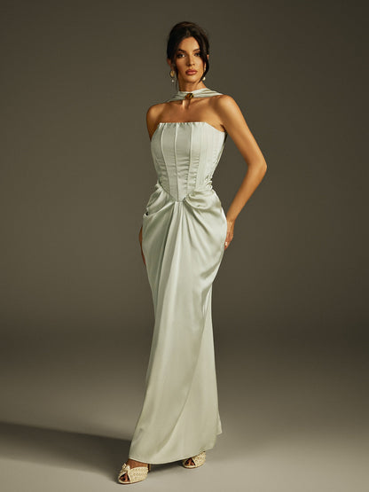 Izron Halterneck Ruched Lace Up Maxi Dress