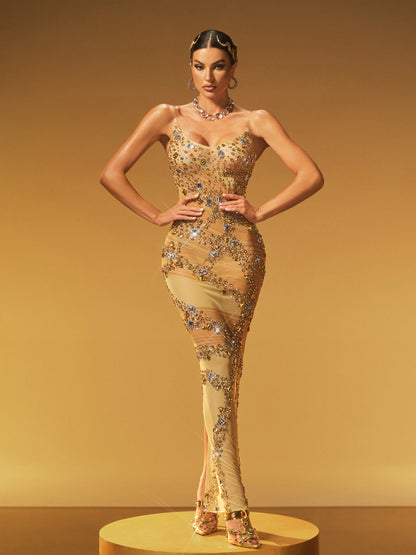 Jaldris Crystal Split Mesh Maxi Dress