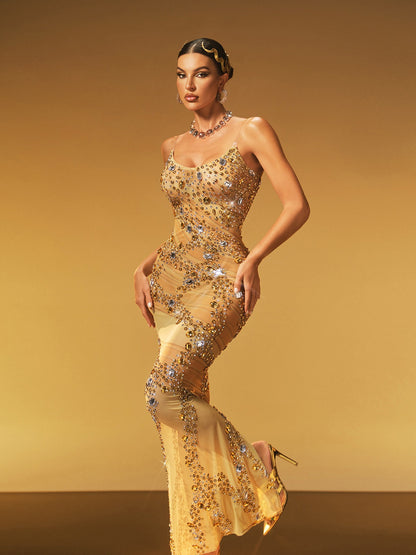 Jaldris Crystal Split Mesh Maxi Dress