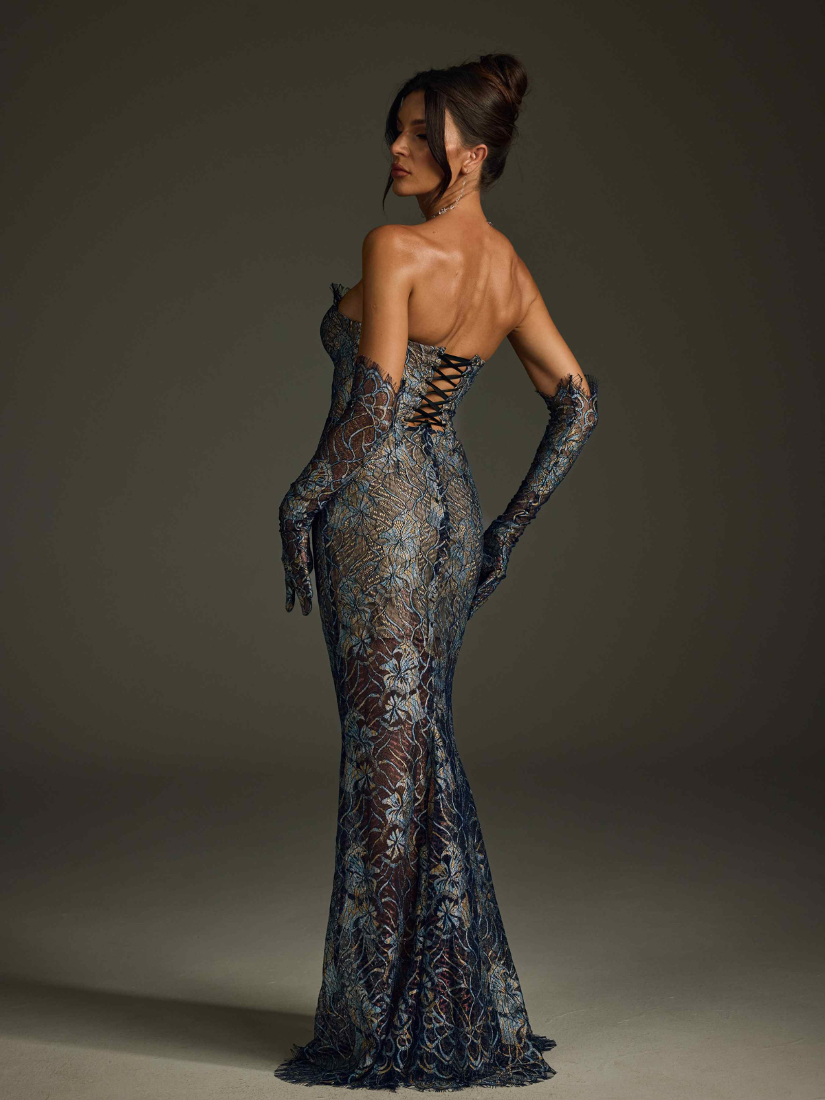 Javion Strapless Lace Floral Maxi Dress In Navy