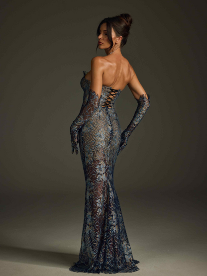 Javion Strapless Lace Floral Maxi Dress In Navy