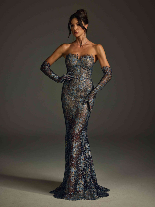 Rosstef Strapless Lace Floral Maxi Giyin: Navy