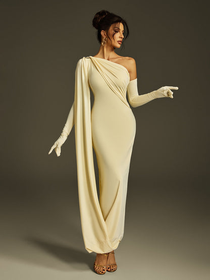 Jehiel One Shoulder Draped Maxi Dress In Butter Yellow