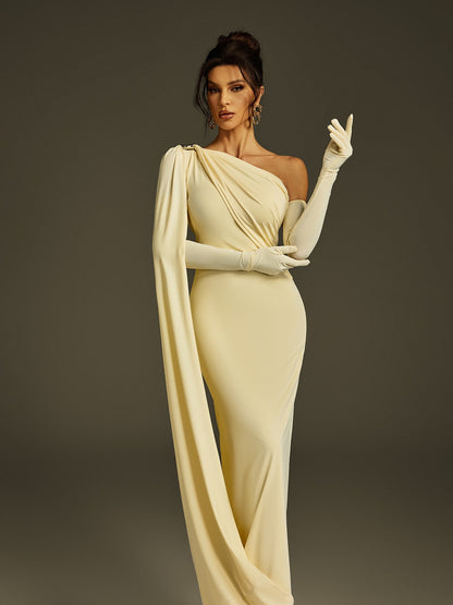 Jehiel One Shoulder Draped Maxi Dress In Butter Yellow