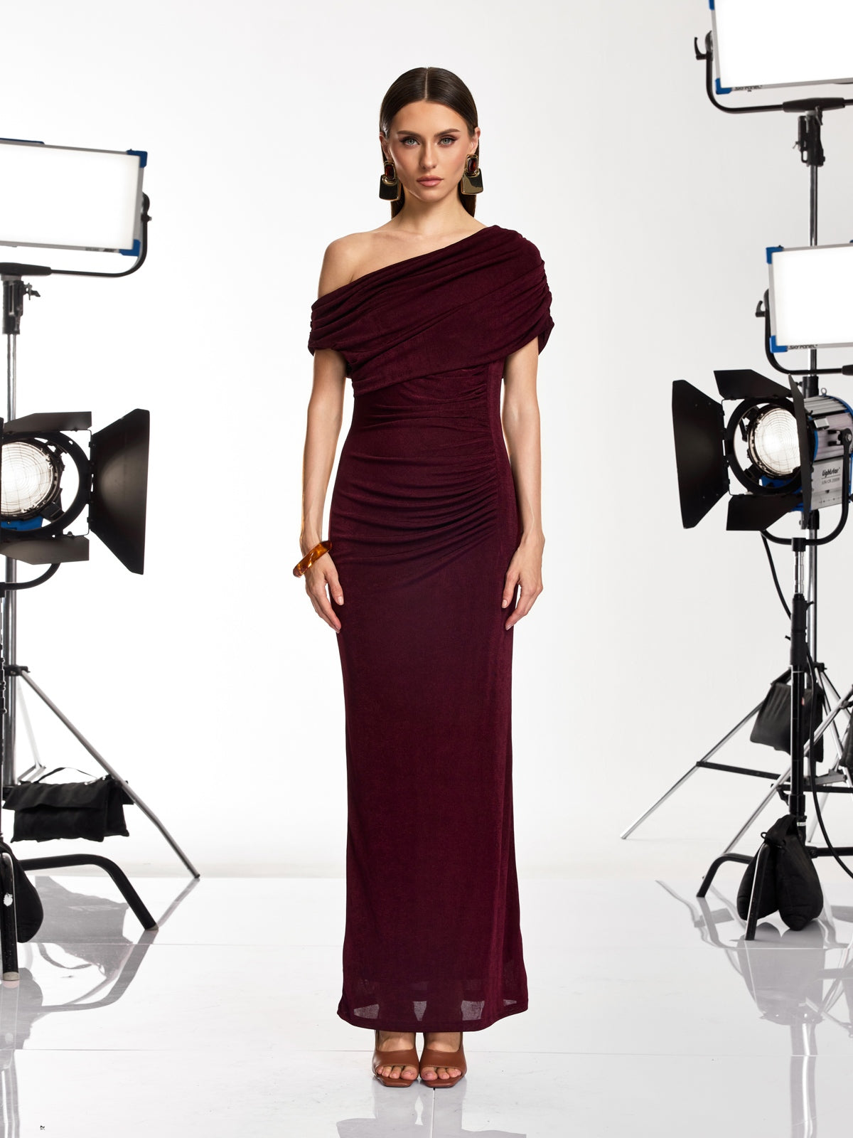Jenvik One Shoulder Ruched Maxi Dress In Wine