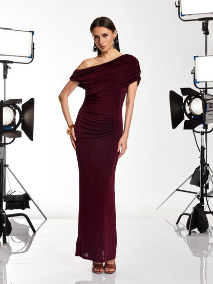 Jenvik One Shoulder Ruched Maxi Dress In Wine