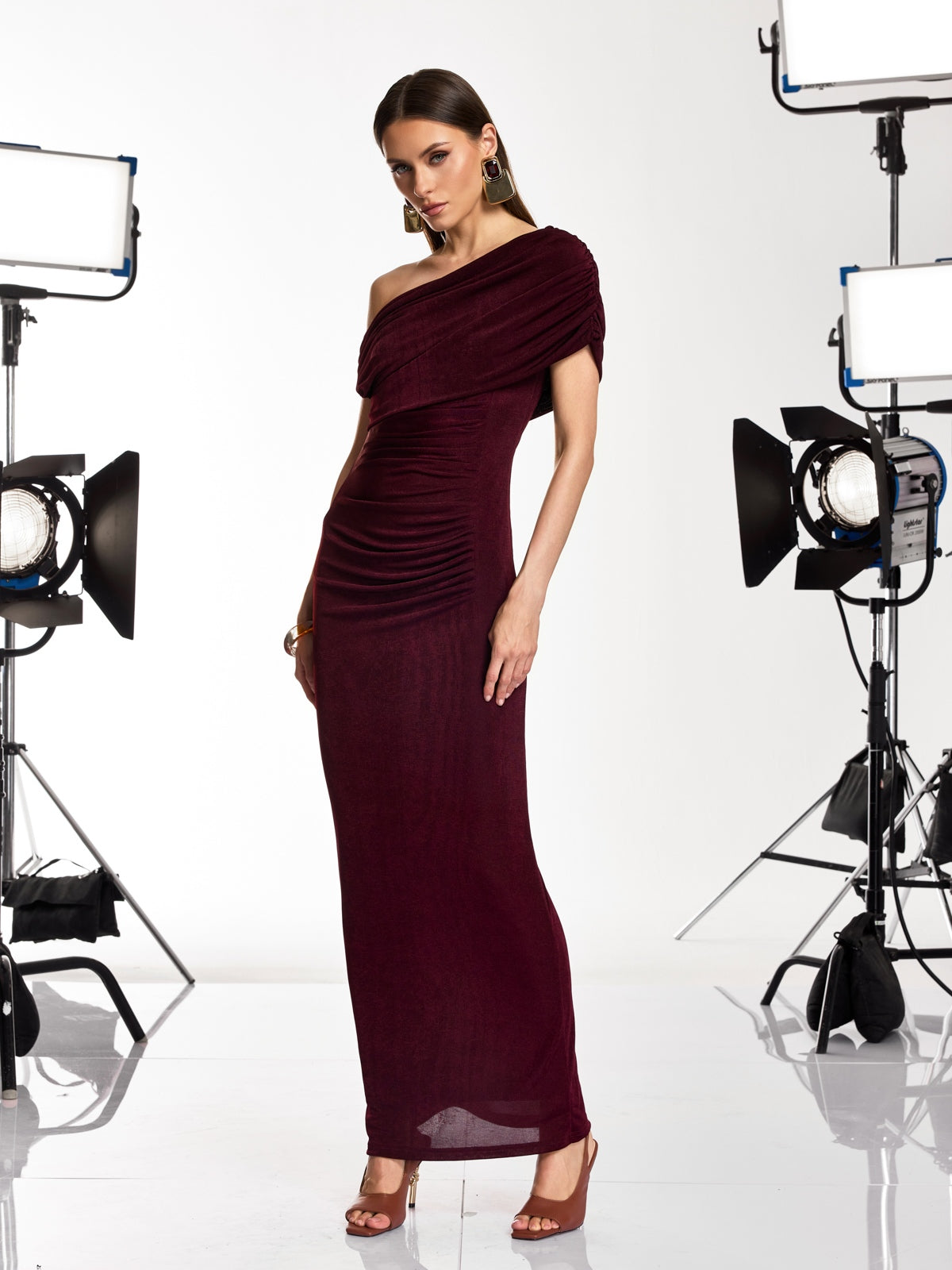 Jenvik One Shoulder Ruched Maxi Dress In Wine