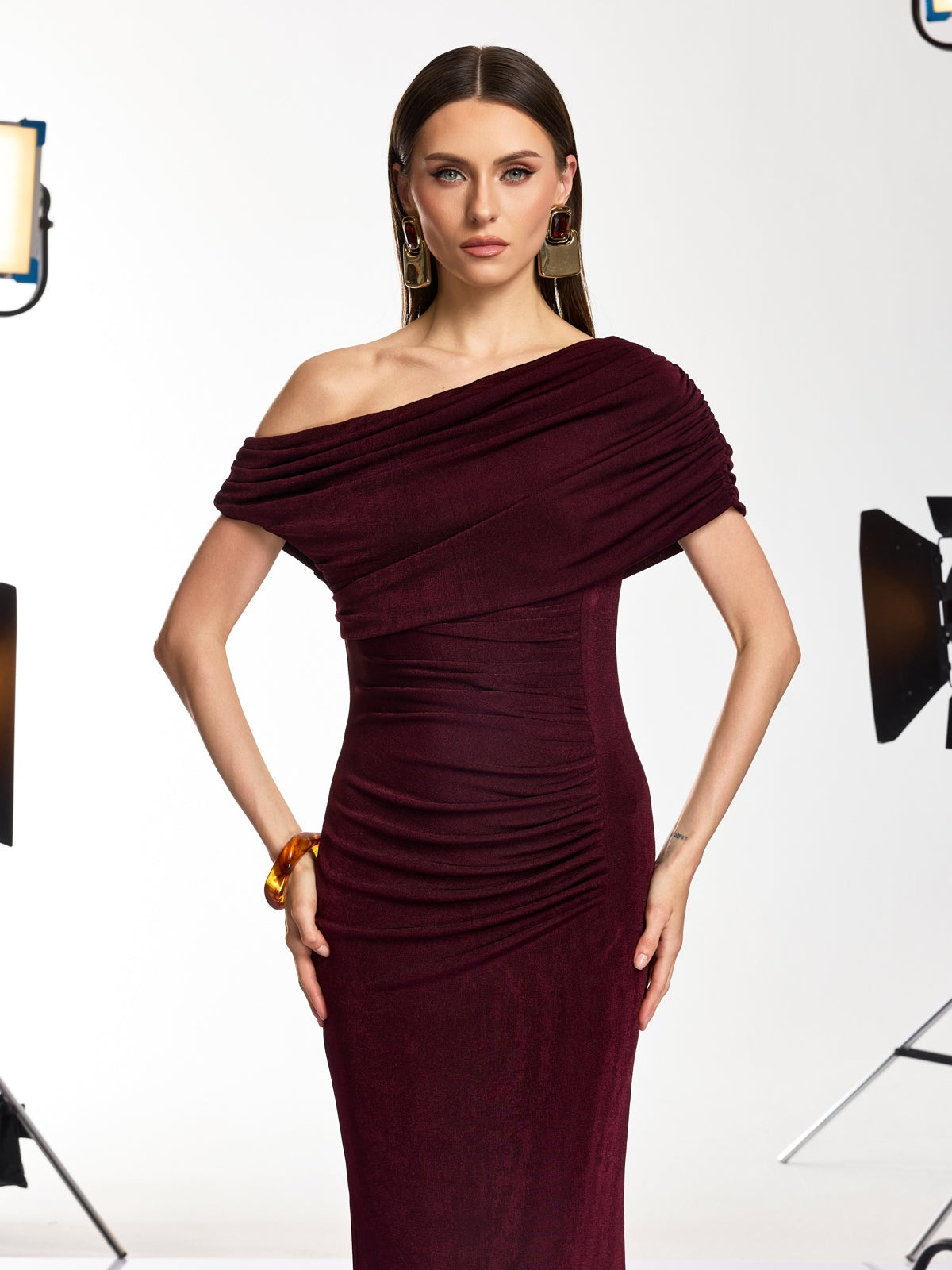 Jenvik One Shoulder Ruched Maxi Dress In Wine