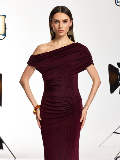 Jenvik One Shoulder Ruched Maxi Dress In Wine