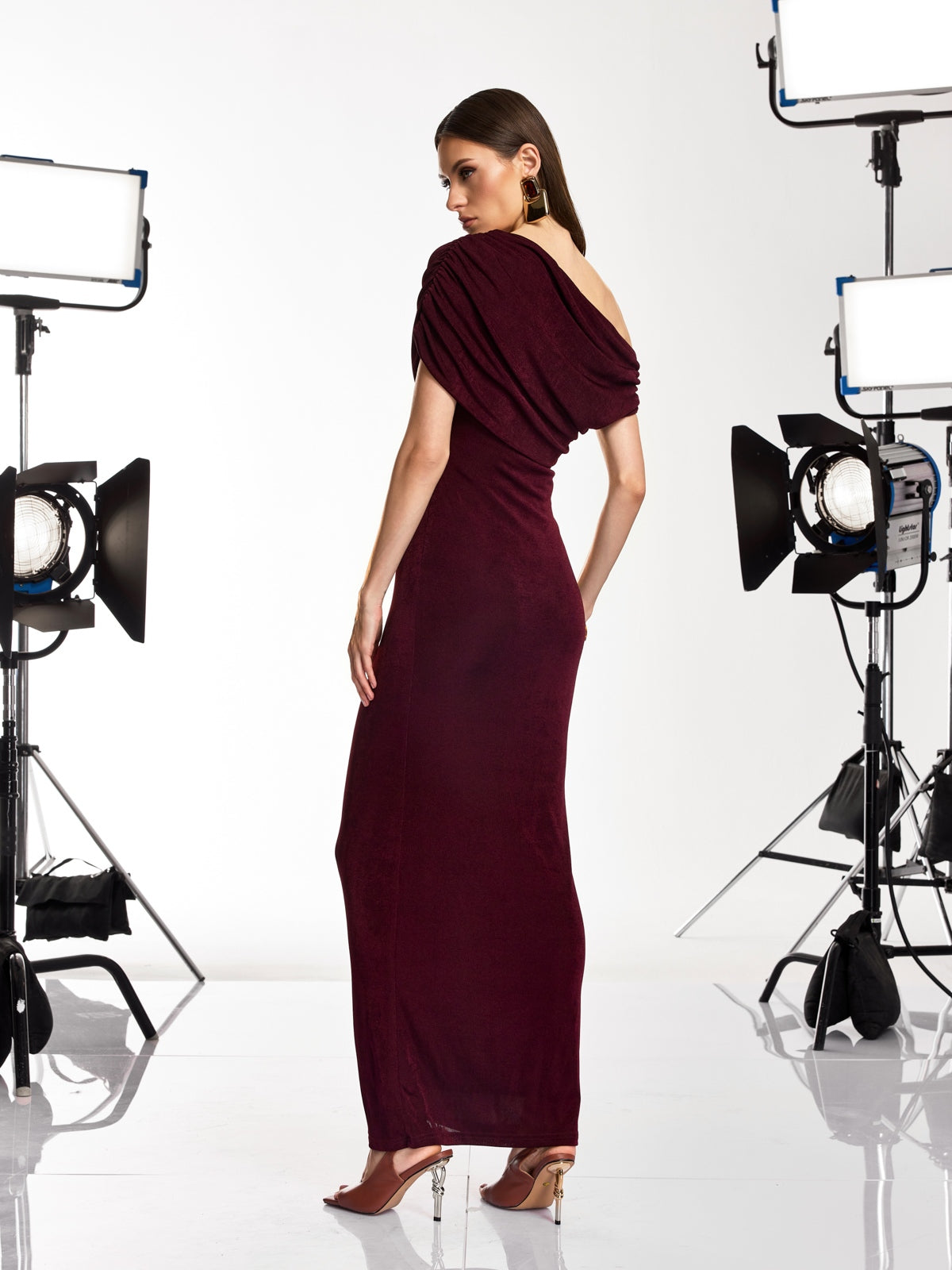 Jenvik One Shoulder Ruched Maxi Dress In Wine