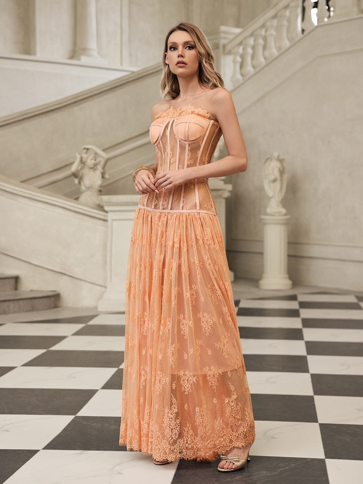 Juric Strapless Lace Mesh Maxi Dress