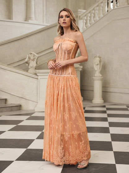Juric Strapless Lace Mesh Maxi Dress