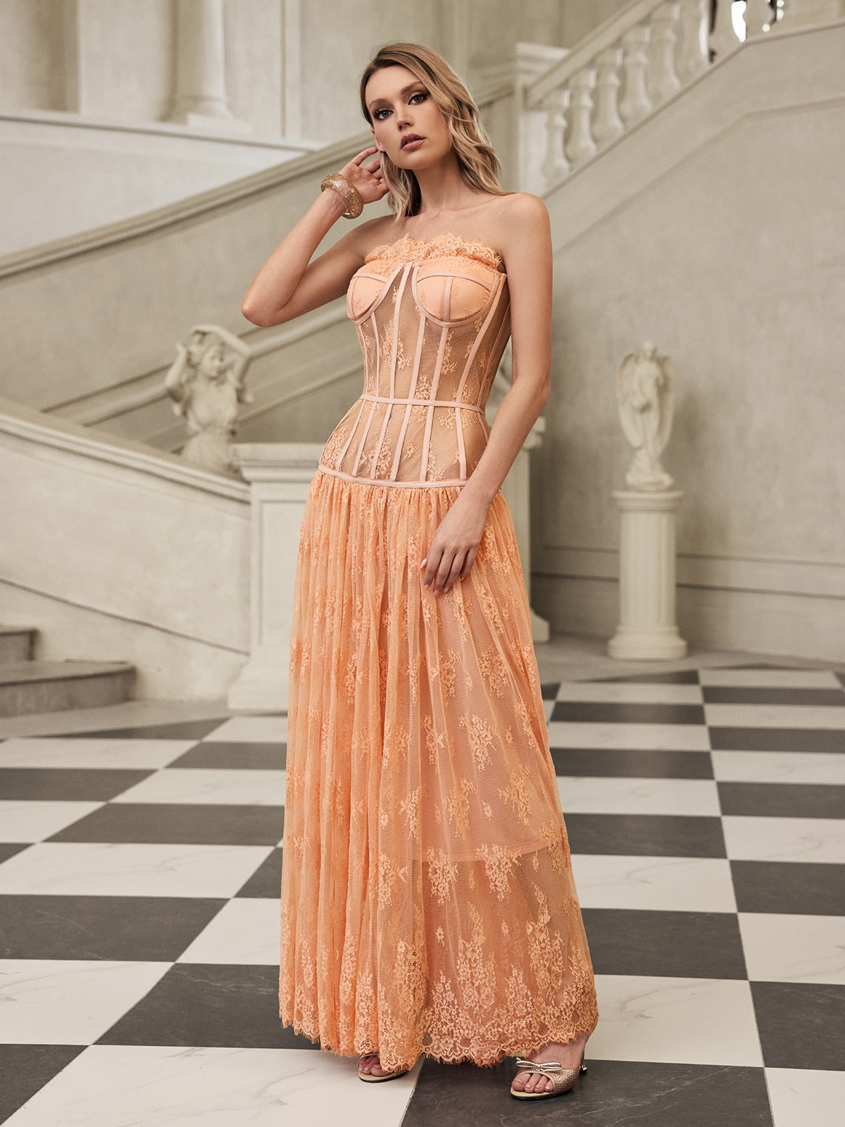Juric Strapless Lace Mesh Maxi Dress