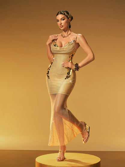 Kaelvix Spaghetti Rhinestone Mesh Maxi Dress