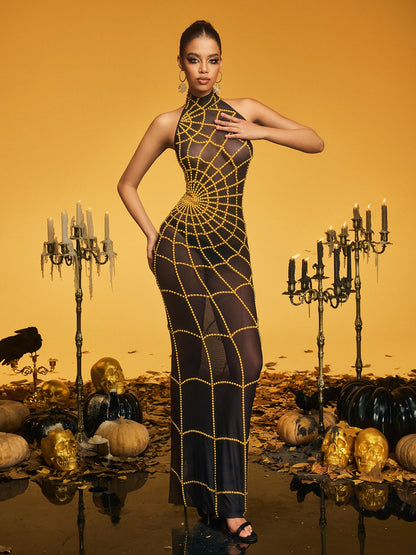 Kaelyra High Neck Cobweb Pearl Maxi Dress In Gold