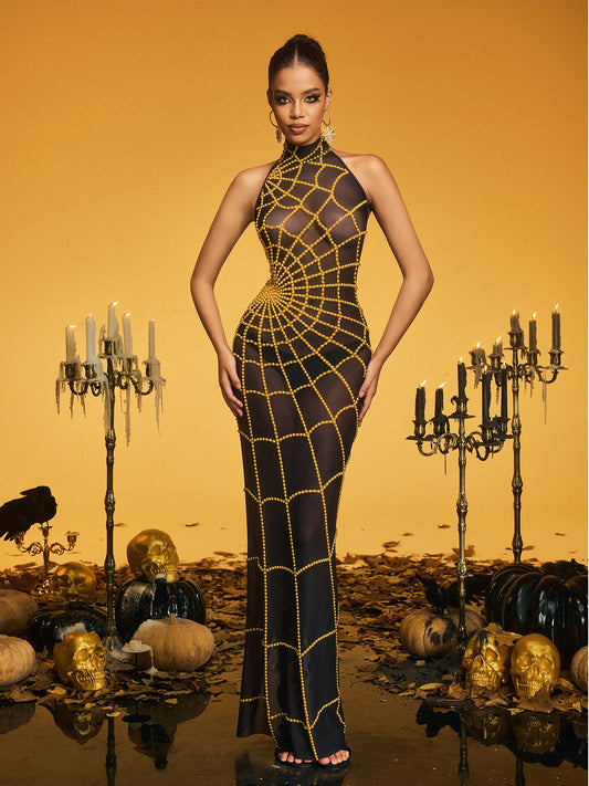 Rosstef Gold Cobweb Rhinestone Maxi Dress