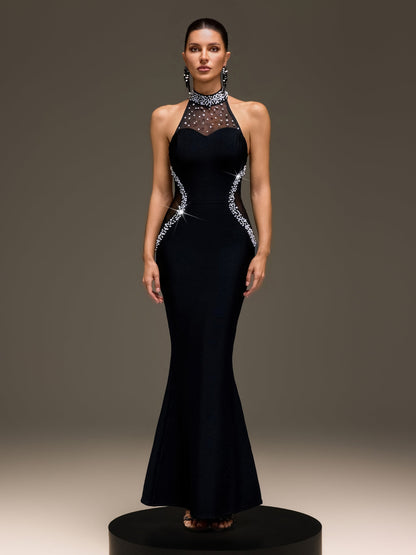 Kaevric Halterneck Pearl Bandage Maxi Dress