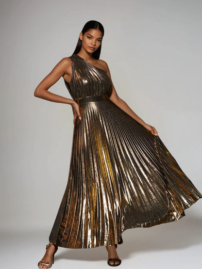 Kaleen One Shoulder Metallic Maxi Dress In Gold