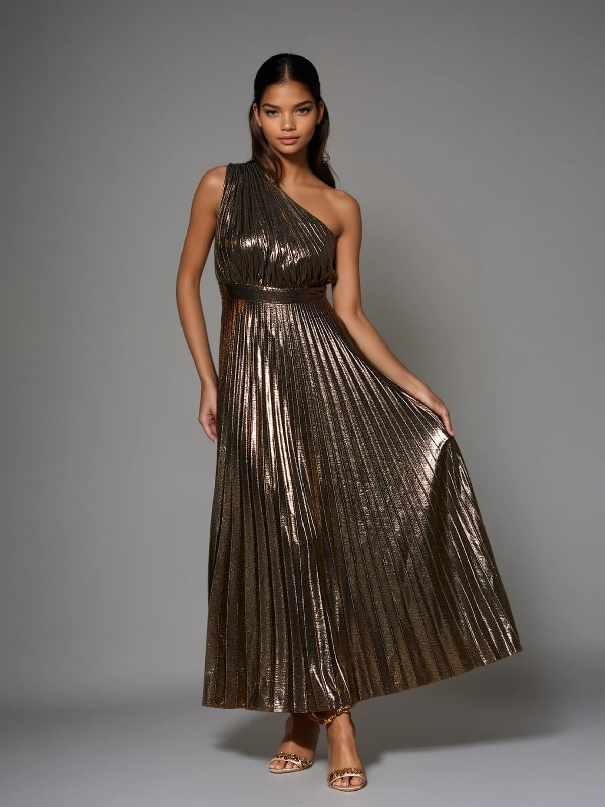 Kaleen One Shoulder Metallic Maxi Dress In Gold