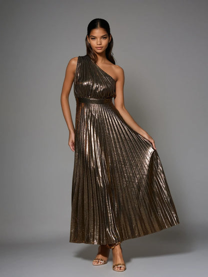 Kaleen One Shoulder Metallic Maxi Dress In Gold