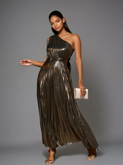 Kaleen One Shoulder Metallic Maxi Dress In Gold