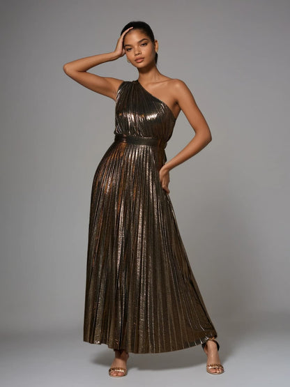 Kaleen One Shoulder Metallic Maxi Dress In Gold