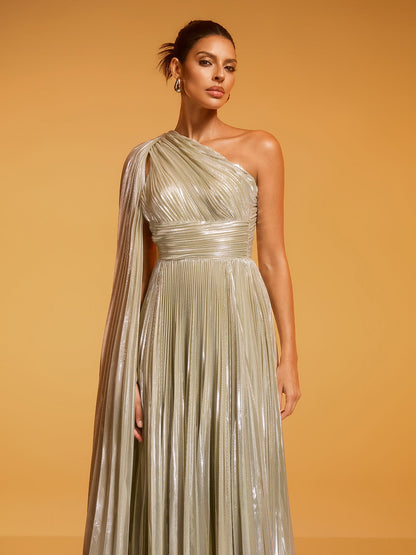 Kaleen One Shoulder Pleated Metallic Dress In Silver